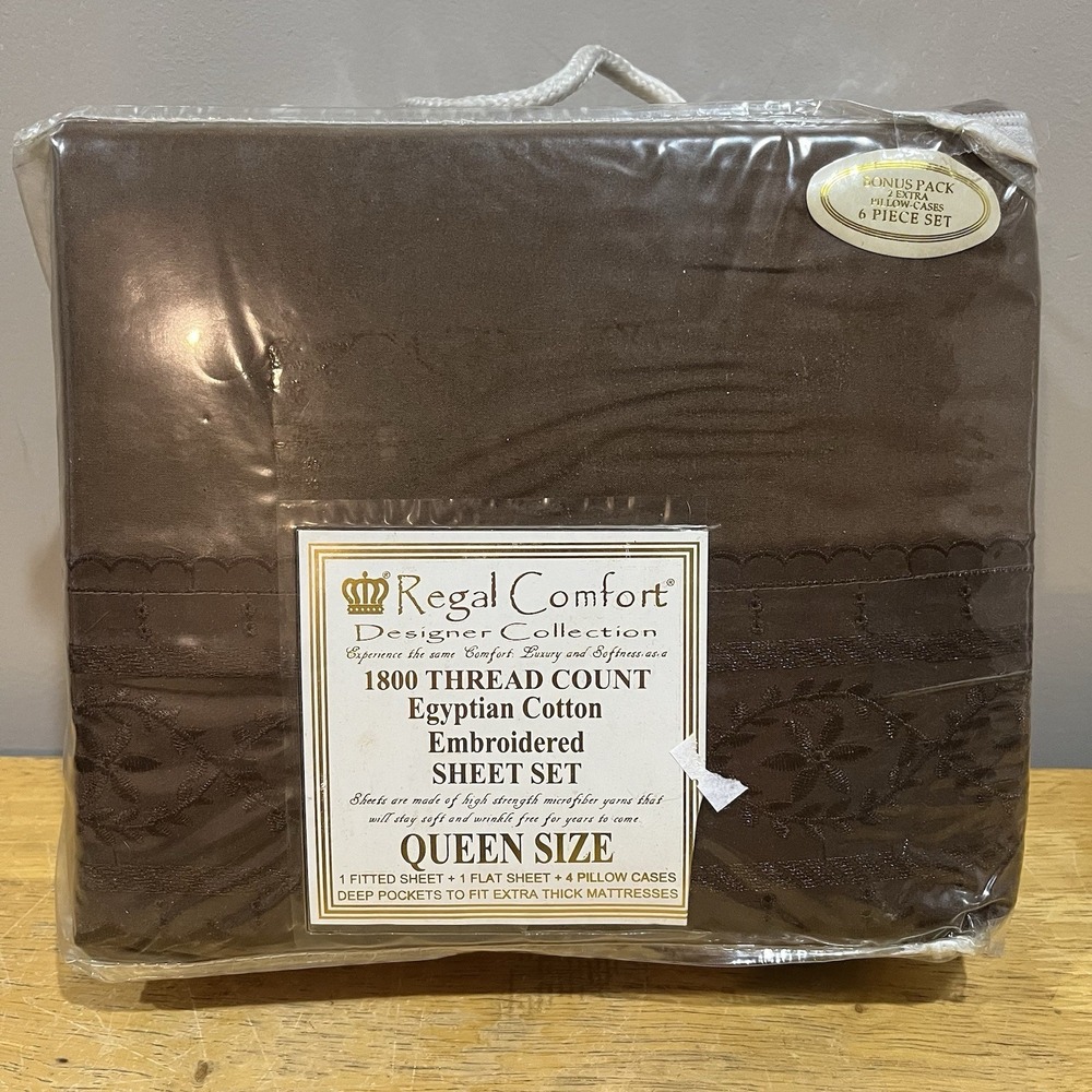 Vtg Regal Comfort 1800 TC Egyptian‎ Brown Queen Sheet Set Embroidered